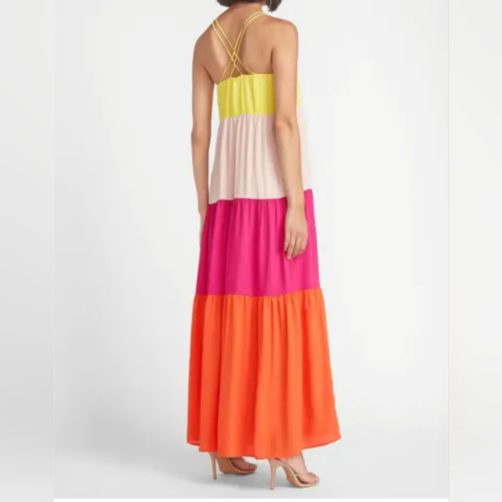 Express Tiered Spaghetti Straps Kriss Kross Back Colorblock Maxi Dress